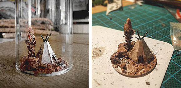 Dioramas em tubos de ensaio feitos por Rosa de Jong