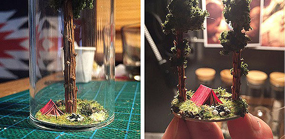 Dioramas em tubos de ensaio feitos por Rosa de Jong